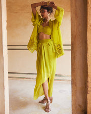 Lime Yellow Pleated Blouse & Drape Skirt Set