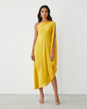 Yellow One Shoulder Draped Dress